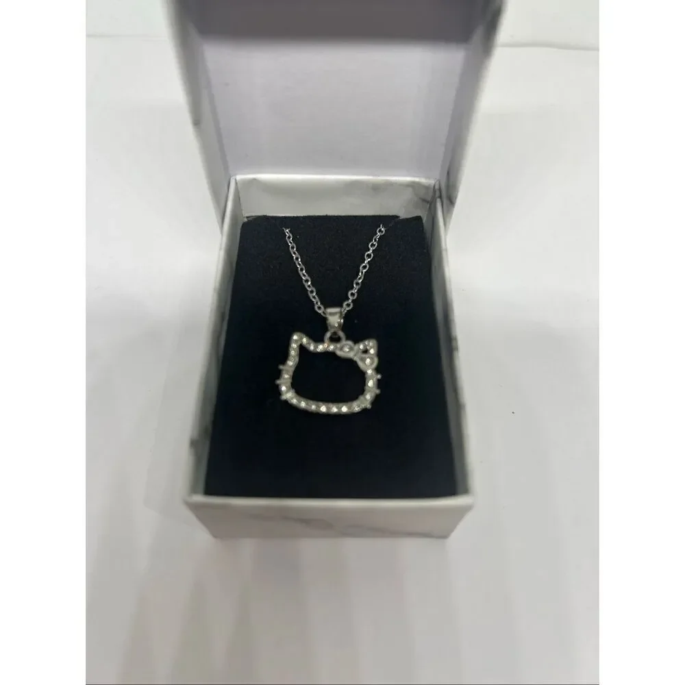 ✨ Hello Kitty Rhinestone Outline Necklace – Silver Tone – Gift Box Included